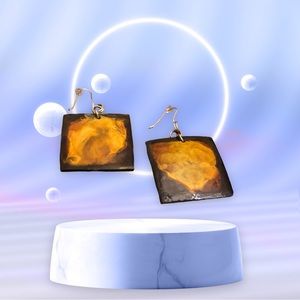 Women's Brown/Gold Square Wooden Dangle Drop Earrings